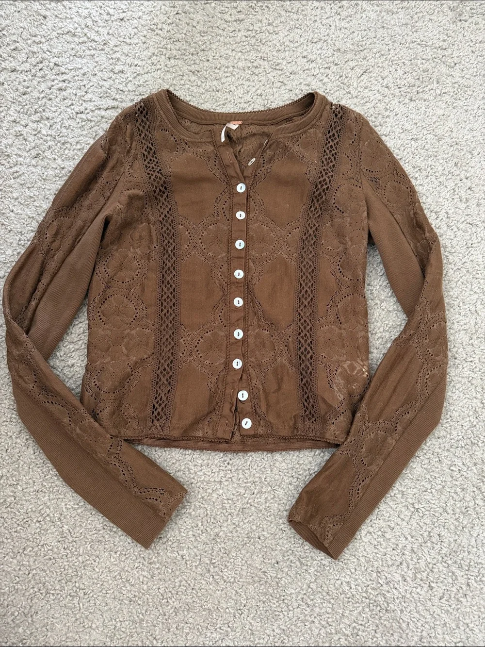 Free People Brown Lace-Panel Button Front Cardigan